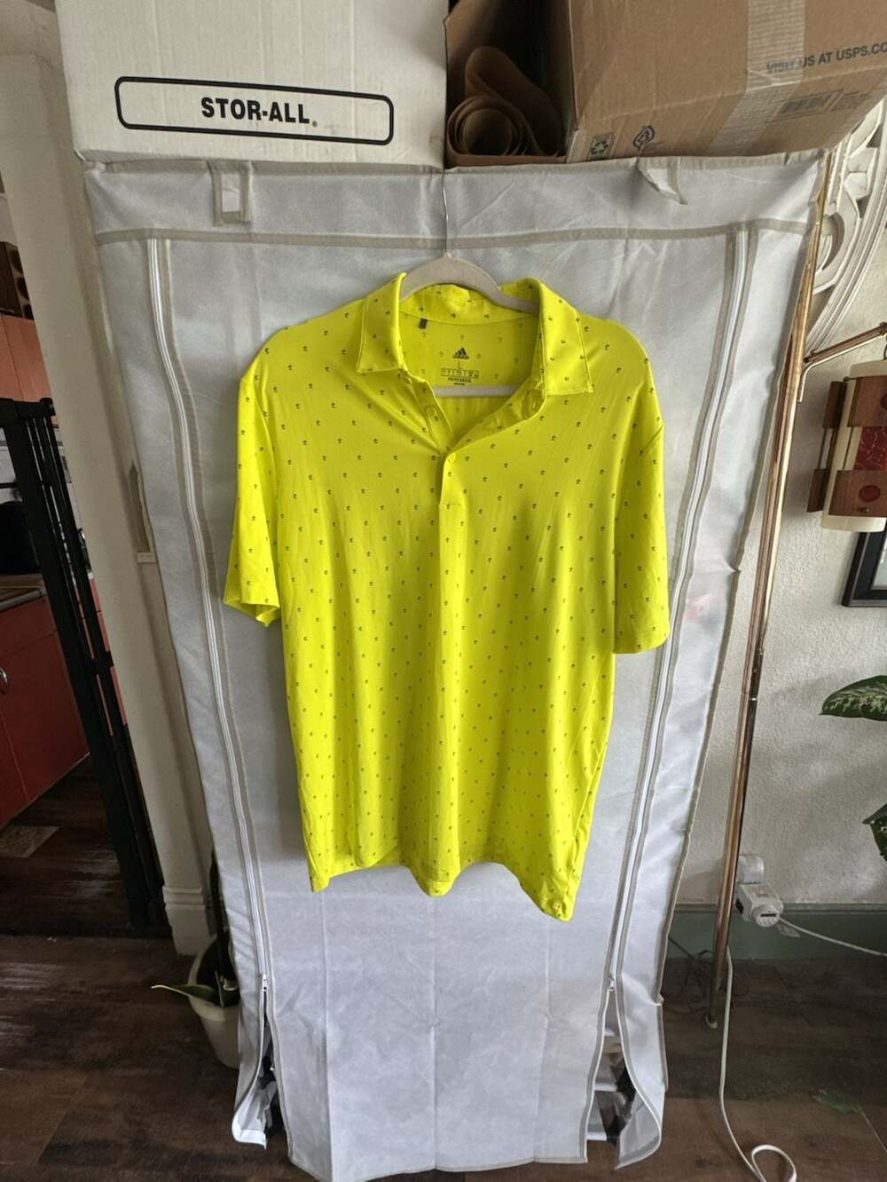 Large Adidas Primegreen Golf Polo Shirt Men's Yellow Palm Tree Print